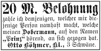 17.05.1907 der Hund des Gastwirtes Otto Böhmer „entführt“ wurde. 
