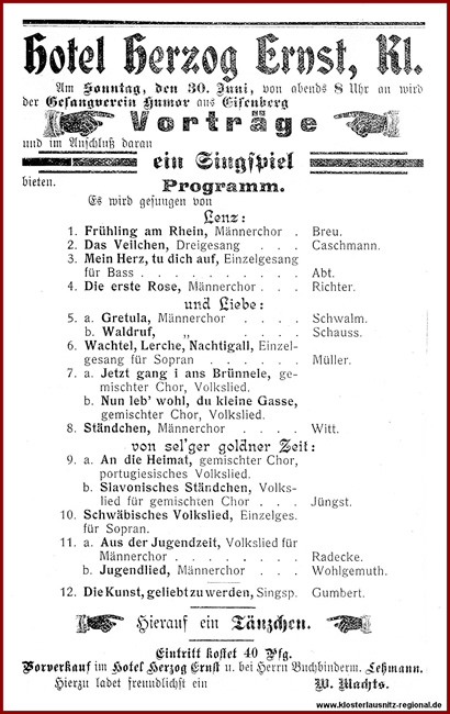 Ankündigung einer Musikveranstaltung am 30.06.1907 im Hotel "Herzog Ernst"