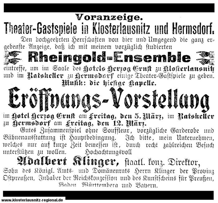 Ankündigung des "Rheingold-Enseble" mit Direktor Adalbert Klinger für den 05.03.1909 im Hotel "Herzog Ernst" Klosterlausnitz und 12.05.1909 im "Ratskeller" Hermsdorf. 