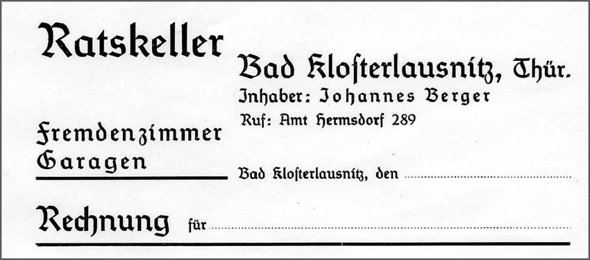 Rechnung des Ratskellerwirtes Johannes Berger aus dem Jahre 1938
