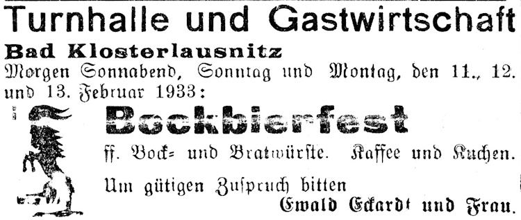 Im Jahr 1933 ludeb Ewald Eckardt und Frau zum Bockbierfest.