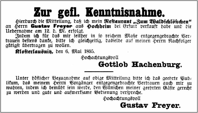 Besitzer des Bad und Pensionates zum „Waldschlösschen“ wurde Gustav Freyer