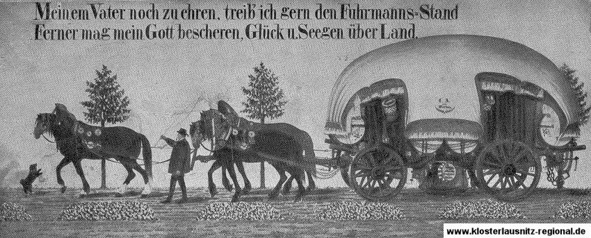 Fuhrmannswesen - Vierrädriger Wagen mit drei vorgespannten Pferden.