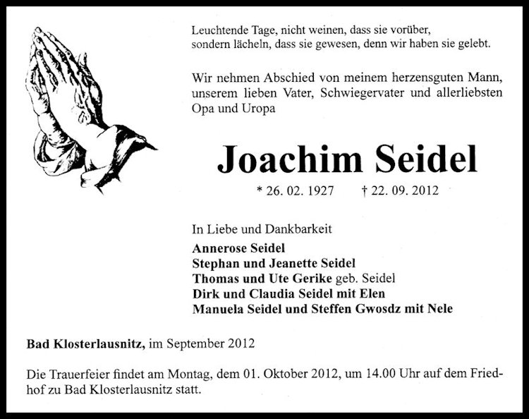 Traueranzeige Joachim Seidel