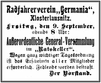Einladung zu einer außerordentlichen Generalversammlung am 09.09.1921 im Ratskeller Klosterlausnitz