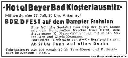 Zeitungsanzeige in der VOLKSWACHT, Einladung zum „Bordfest“ auf dem Dampfer Frohsinn, für den 22.06.1953 in das Hotel Beyer. 